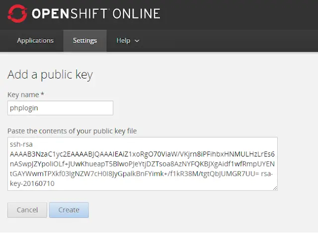 add public key in openshift online settings