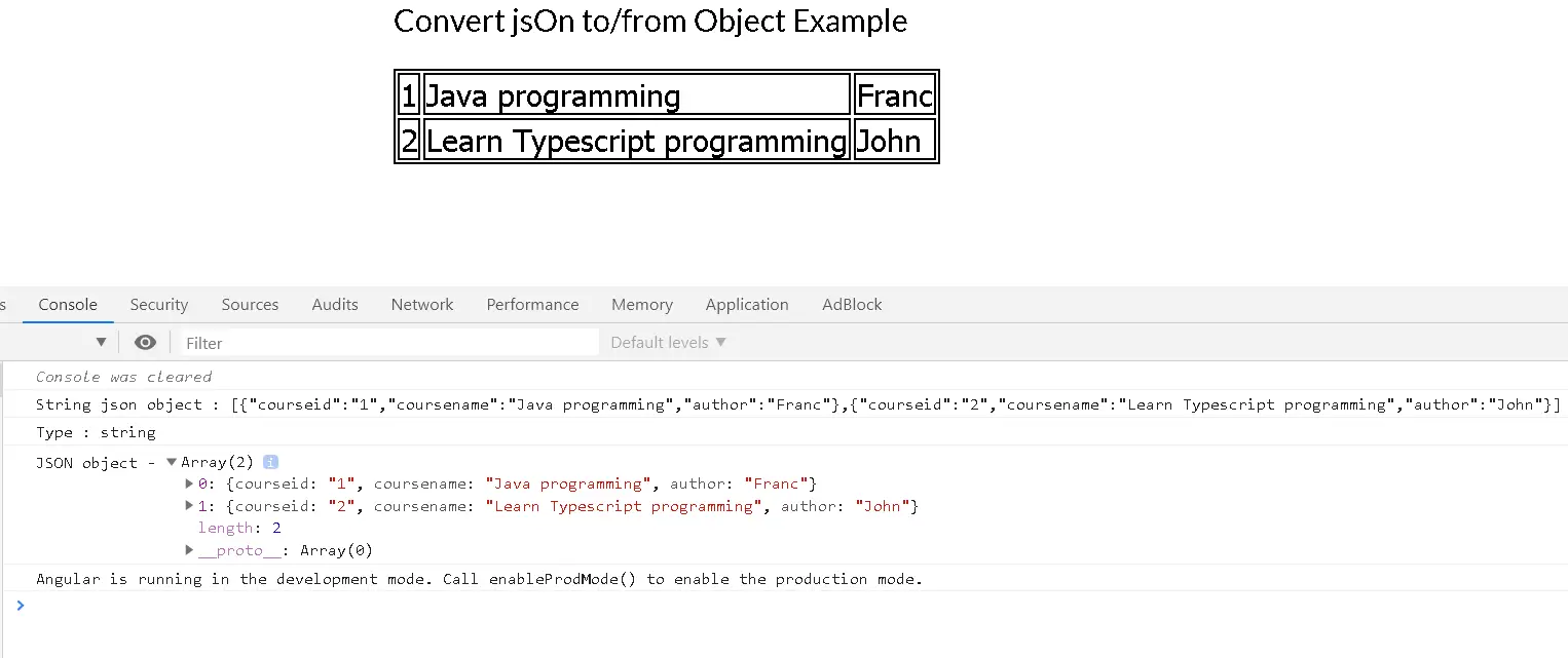 Angular javascript json to object example