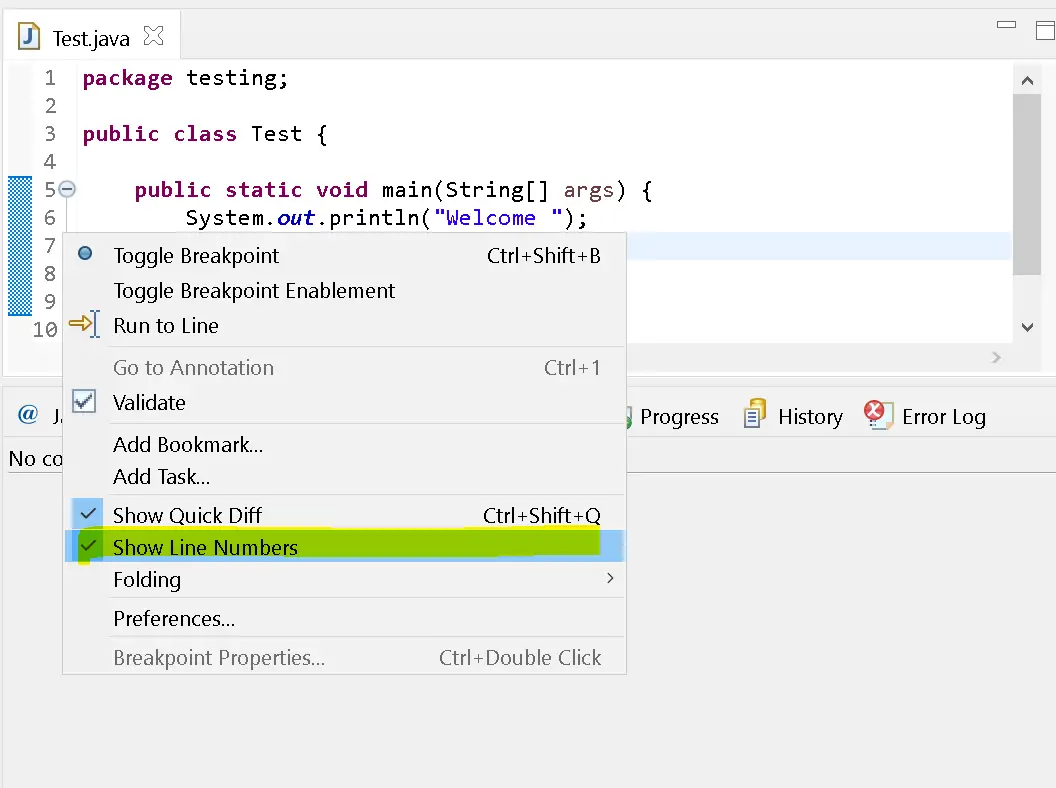 Eclipse enable disable line number