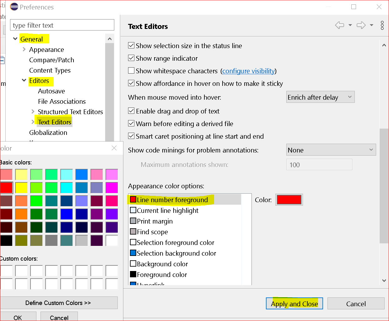 How to display line numbers in eclipse line number color