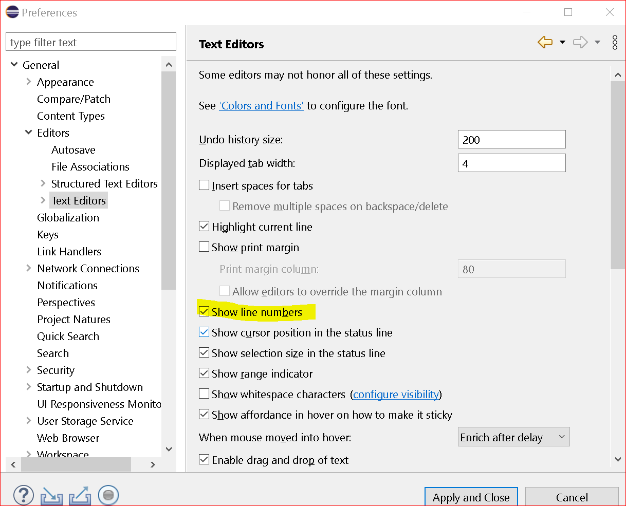 Eclipse enable disable line number