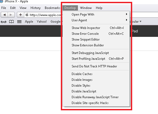 dev console safari Safari Developer menu tools