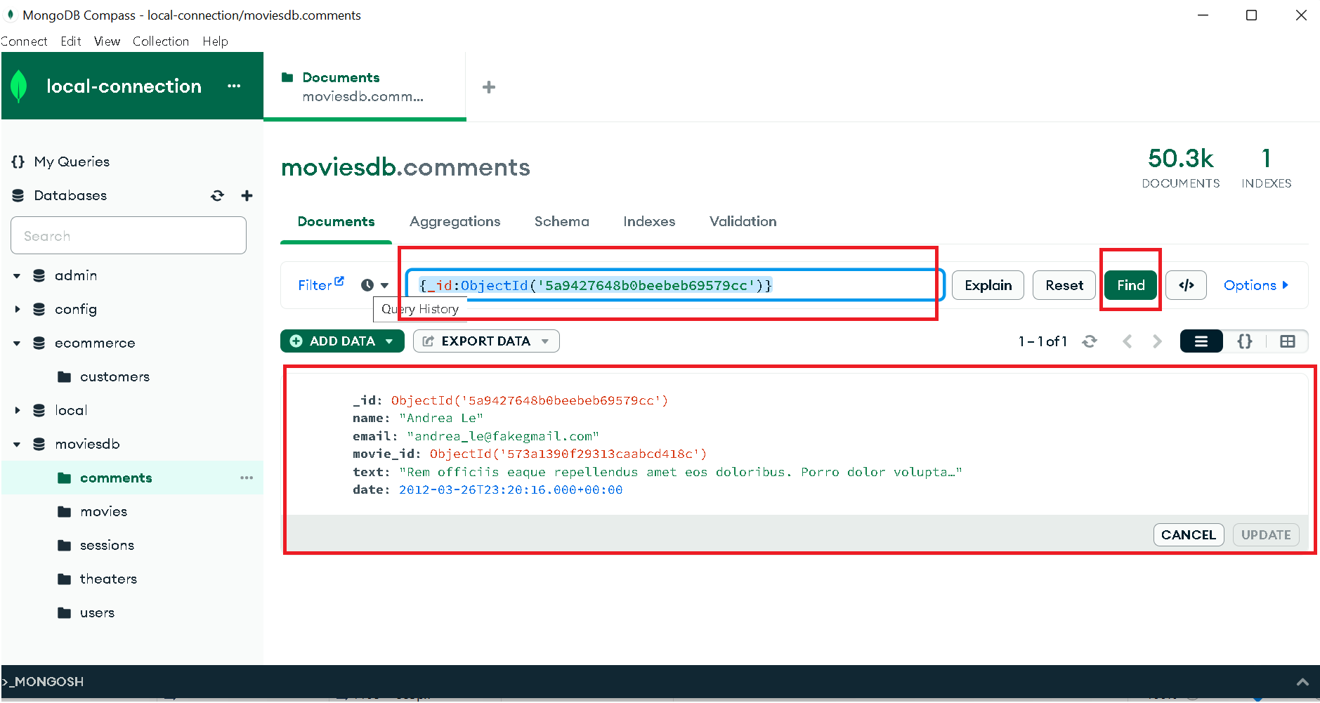 Mongodb Compass UI query collection by ObjectId