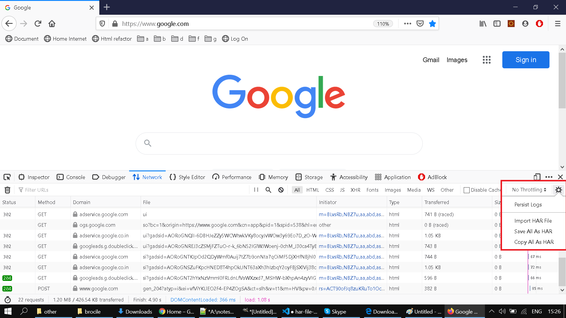 Generate Har file in Firefox browser